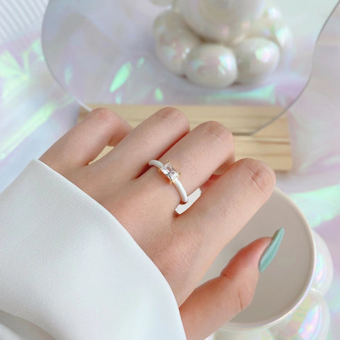 Urban Chic Ring (Gold & Modern White) - Adjustable Size - Enamel & Pure Sterling Silver (Chandi) - Cubic Zircon