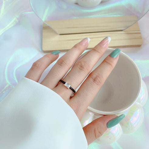 Urban Chic Ring (Gold & Element Black) - Adjustable Size - Enamel & Pure Sterling Silver (Chandi) - Cubic Zircon