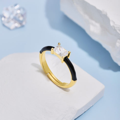 Urban Chic Ring (Gold & Element Black) - Adjustable Size - Enamel & Pure Sterling Silver (Chandi) - Cubic Zircon