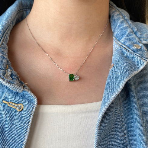 Modern Renaissance Necklace (Emerald Green & Diamond White) - Pure Sterling Silver (Chandi) - Cubic Zircon