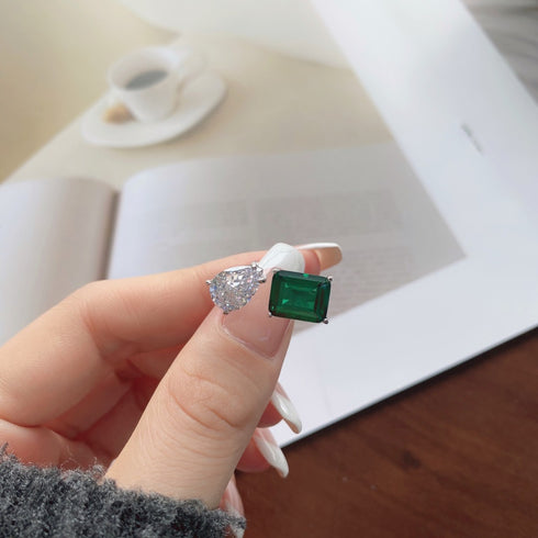 Modern Renaissance (Emerald Green & White) - Adjustable Ring - Pure Sterling Silver (Chandi) - Free Box Packaging