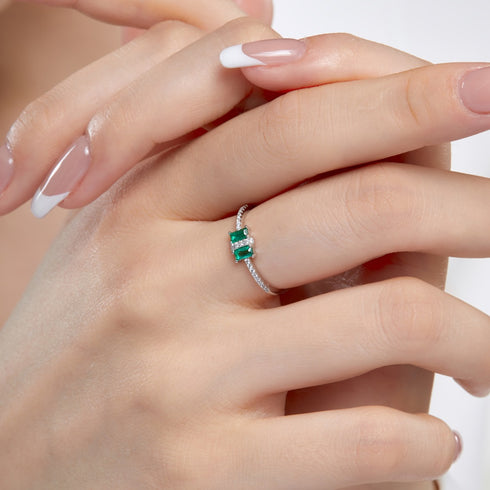 Modern Element Ring (Emerald Green) - Adjustable Size - Pure Sterling Silver (Chandi) - Cubic Zircon
