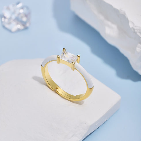 Urban Chic Ring (Gold & Modern White) - Adjustable Size - Enamel & Pure Sterling Silver (Chandi) - Cubic Zircon