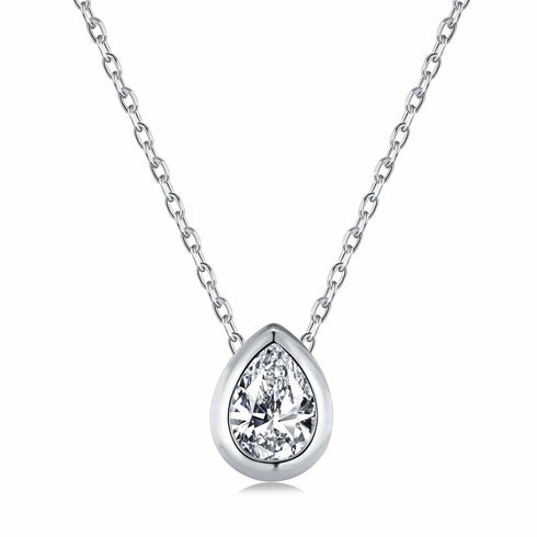 Classic Pear Cut Necklace - Pure Stamped Sterling Silver (Chandi) + Certificate - 5A Cubic Zircon