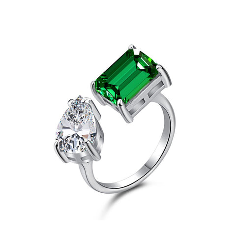 Modern Renaissance (Emerald Green & White) - Adjustable Ring - Pure Sterling Silver (Chandi) - Free Box Packaging