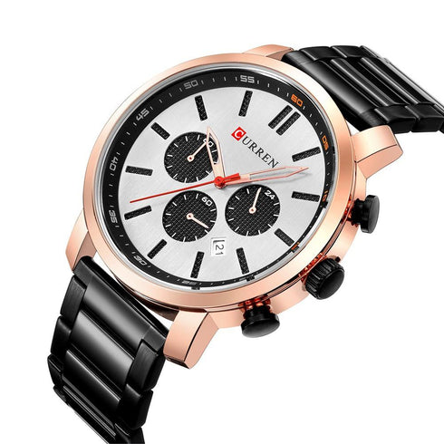 Curren Men's Rose Gold & Silver Sunray Dial! - Chronograph! - Stainless Steel Strap! - New Design! - Water Resistant 3ATM! - 1 Year Warranty!