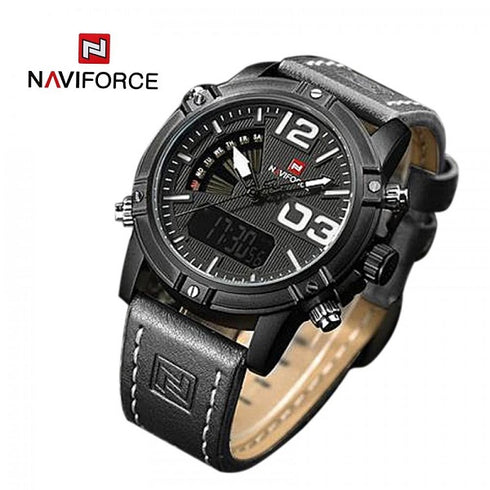 Naviforce Rugged Black Attack (Digital + Analog) - Genuine Leather! - Water Resistant! - 1 Year Warranty!