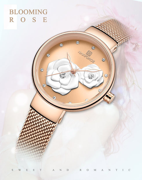 Naviforce Women's Rose Gold Blossom! - Adjustable Steel Strap! - 1 Year Warranty! - Water Resistant!