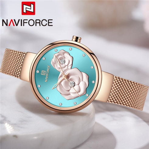 Naviforce Women's Sea Green & Rose Gold Blossom! - Adjustable Steel Strap! - 1 Year Warranty! - Water Resistant!