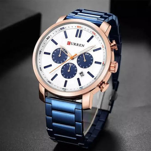 Curren Men's Rose Gold & Blue! - Chronograph! - Stainless Steel Strap! - Box Packaging! - Water Resistant 3ATM! - 1 Year Warranty!