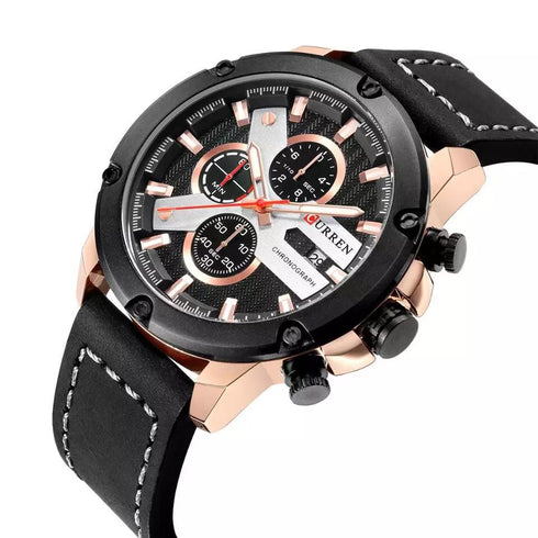 Curren Men’s Modern Elegance! (Black & Rose Gold) - Ultra Soft Genuine Leather! - Working Chronograph! - Water Resistant! - 1 Year Warranty!