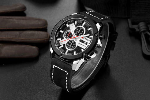 Curren Men’s Modern Elegance! (Black & Sparkling Silver) - Ultra Soft Genuine Leather! - Working Chronograph! - Water Resistant! - 1 Year Warranty!