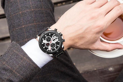 Curren Men’s Modern Elegance! (Black & Sparkling Silver) - Ultra Soft Genuine Leather! - Working Chronograph! - Water Resistant! - 1 Year Warranty!