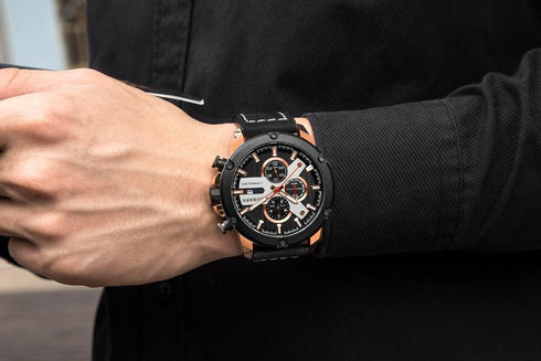 Curren Men’s Modern Elegance! (Black & Rose Gold) - Ultra Soft Genuine Leather! - Working Chronograph! - Water Resistant! - 1 Year Warranty!
