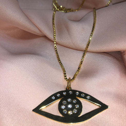 Turkish Eye Necklace! - Studded with Cubic Zirconia Stones! - 24K Genuine Gold Plated! - Ultra Shine! - Free Box Packaging!