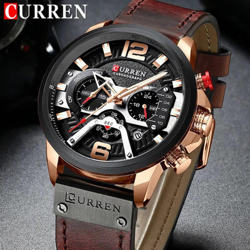 Curren Men's! - Modern Black & Brown Chronograph! - Genuine Ultrasoft Leather! - Water Resistant! - 1 Year Warranty!
