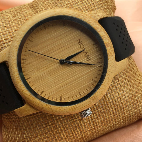 Niovani Original Wooden Watch - Men/Women - Genuine Bamboo Wood! - Jet Black Silicon Strap! - Free Box Packaging + Bag! - 1 Year Warranty!