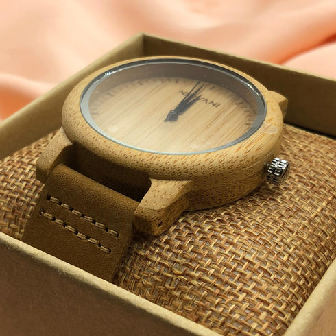 Niovani Original Wooden Watch - Unisex - Genuine Bamboo Wood - Ultra Thin Soft Genuine Leather - Box Packaging - 1 Year Warranty!