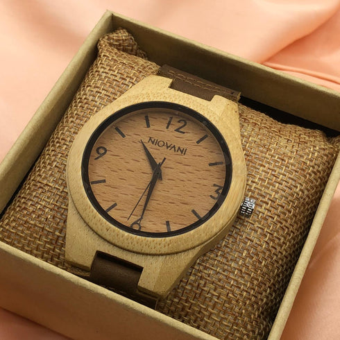 Niovani Original Wooden Watch - Unisex - Genuine Bamboo Wood - Ultra Thin Soft Genuine Leather - Box Packaging - 1 Year Warranty!