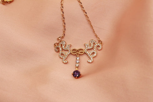 Vintage Me! - Gold Plated Necklace - AAA+ Cubic Zirconia Royal Purple Stone! - Free Box Packaging!