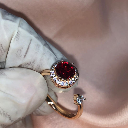 Island of Sparkle (Ruby Red) Ring! - Adjustable Size! - Rose Gold Plated ! - with Dancing European Crystals! - Free Box Packaging!