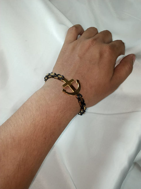 Anchor Bracelet! - Black Steel & 14K Gold Plated! - Long Lasting Polish & Shine! - Hot Seller! - 24MM Width! (Men/Women)