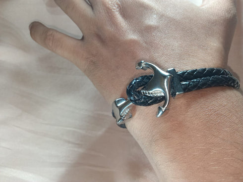 Ocean's Anchor Leather Bracelet! - Jet Black! - Stainless Steel! - Free Box Packaging!