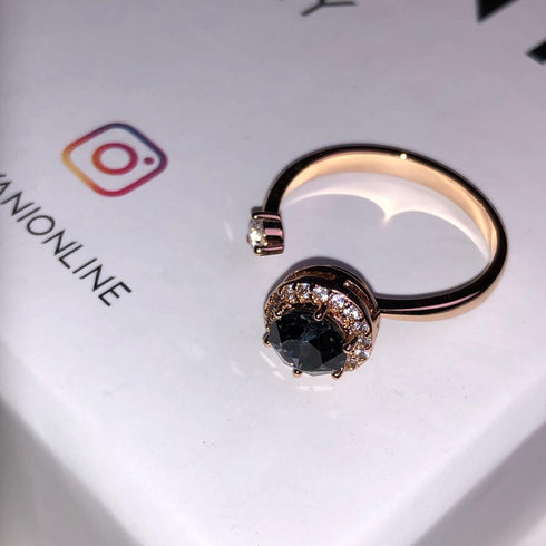 Island of Sparkle (Chic Black) Ring! - Adjustable Size! - Rose Gold Plated ! - with Dancing European Crystals! - Free Box Packaging!