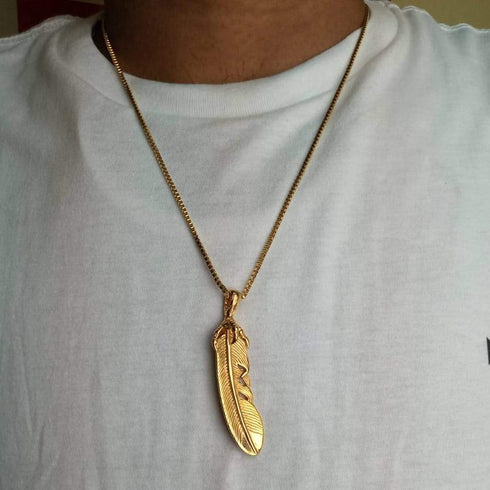 Tribal Necklace - Ancient Feather Design - 14K Gold Plating Over 316L Sparkling Stainless Steel - Free Box Packaging!