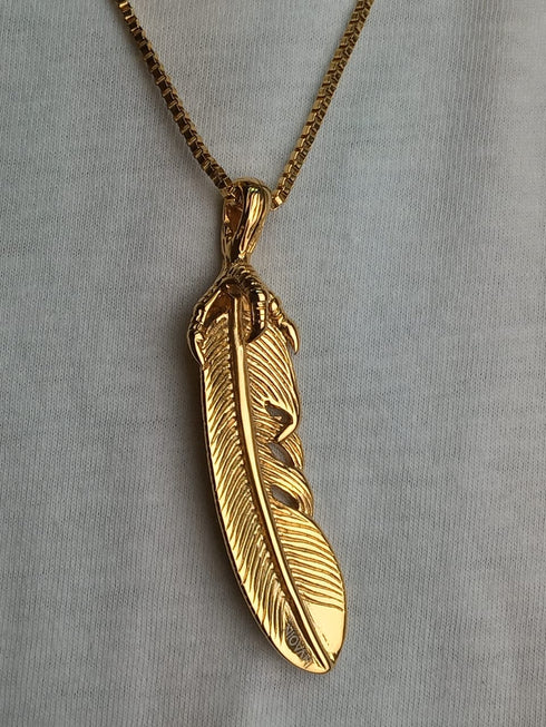 Tribal Necklace - Ancient Feather Design - 14K Gold Plating Over 316L Sparkling Stainless Steel - Free Box Packaging!