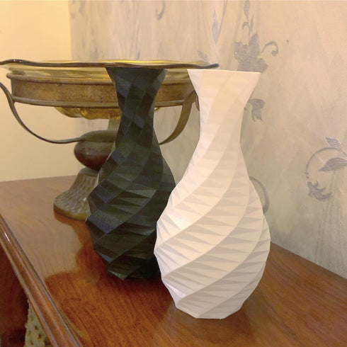 Mini Contemporary Vase - Modern Black Geometrical Spiral Pattern - Ultra Light - Non Break Plastic - Table Décor - Free Carry Bag