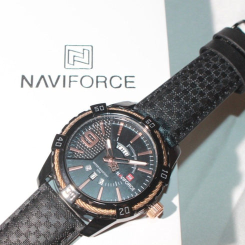 Naviforce Iconic - Men's Watch - Black & Rose Gold - Genuine Leather - Water Resistant! - 1 Year Warranty!