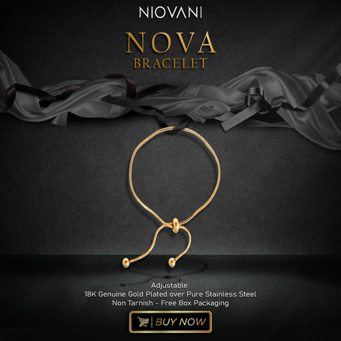 Nova Bracelet - Adjustable - 18K Genuine Gold Plated over Pure Stainless Steel - Non Tarnish - Free Box Packaging