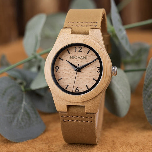 Niovani Original Wooden Women's Watch - Genuine Bamboo Wood - Ultra Thin Soft Genuine Leather - Box Packaging - 1 Year Warranty!