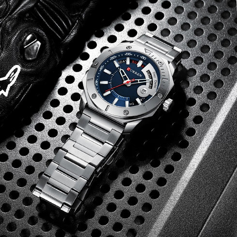 Curren Rebel (Sparkling Blue & Silver) - Men's Watch - Date Function - 1 Year Warranty - Free Box Packaging - 3 ATM Water Resistant