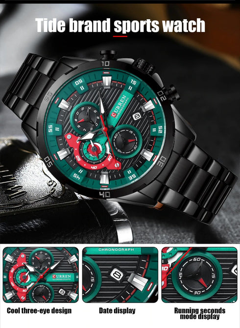 Curren Speed (Night Green & Black) - Men's Watch - 1 Year Warranty - Chronograph - 3 ATM Water Resistant