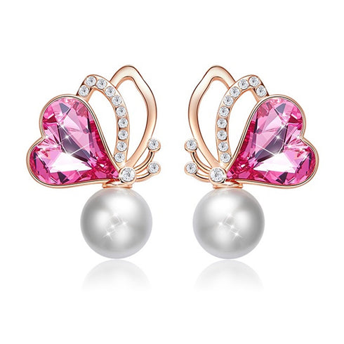 Wing's of Love Earrings - Rose Gold Plated - Sparkling European Crystals & European Pearl - Free Box Packaging!