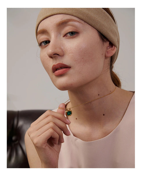 Green N' Gold Necklace - 18K Genuine Gold Plated over Pure Stainless Steel - Chic Design! - Free Box Packaging!