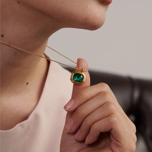 Green N' Gold Necklace - 18K Genuine Gold Plated over Pure Stainless Steel - Chic Design! - Free Box Packaging!