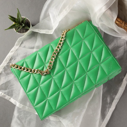 NOVA Women's Purse - Vegan Leather - Deep Neon Green - Metallic Gold Chain - Box Packaging