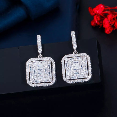 Square Party Earrings - Statement Jewellery - Cubic Zircon - Box Packaging