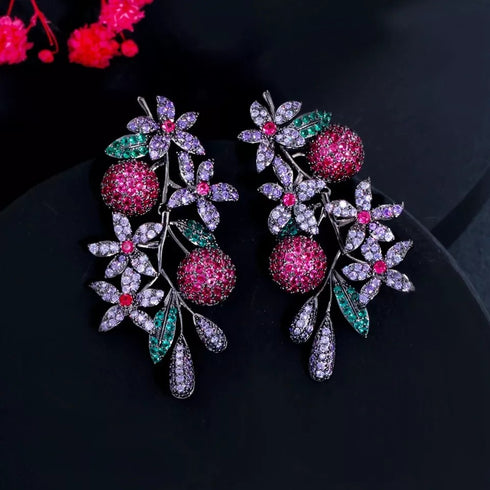 Floral Party Earrings - Statement Jewellery - Cubic Zircon - Box Packaging