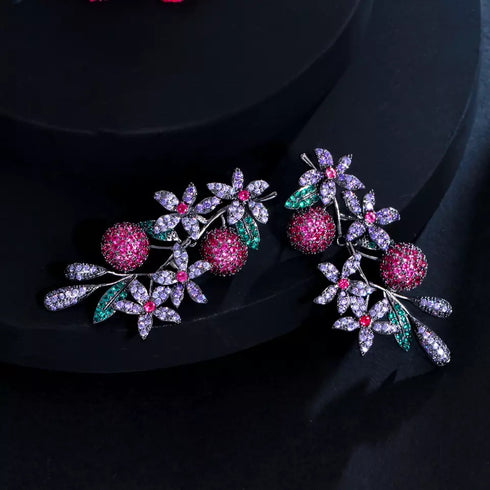 Floral Party Earrings - Statement Jewellery - Cubic Zircon - Box Packaging