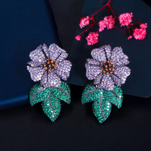 Floral Party Earrings - Statement Jewellery - Cubic Zircon - Box Packaging