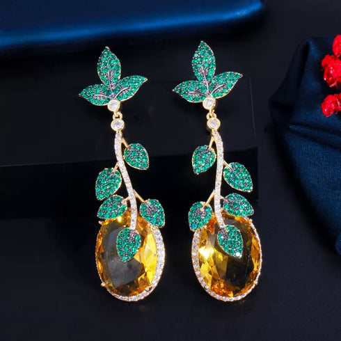 Luxury Drop Leaf Party Earrings - Statement Jewellery - Cubic Zircon - Box Packaging