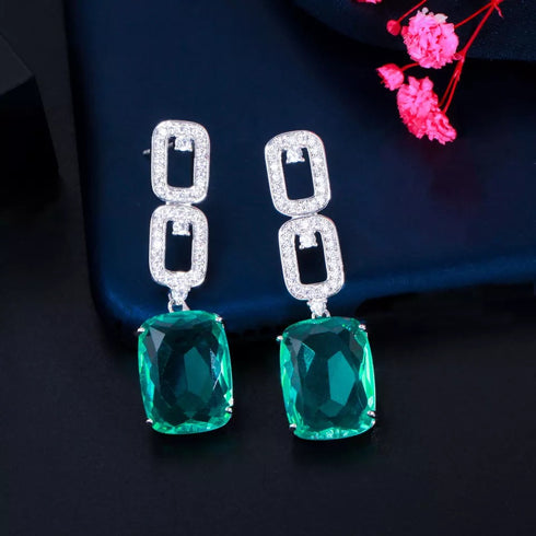 Paperclip Deep Green Party Earrings - Statement Jewellery - Cubic Zircon - Box Packaging