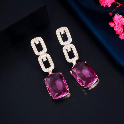 Paperclip Deep Pink Party Earrings - Statement Jewellery - Cubic Zircon - Box Packaging