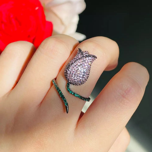 Flower Party Ring (Adjustable Size) - Statement Jewellery - Cubic Zircon - Box Packaging