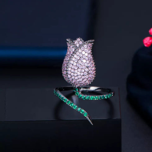 Flower Party Ring (Adjustable Size) - Statement Jewellery - Cubic Zircon - Box Packaging