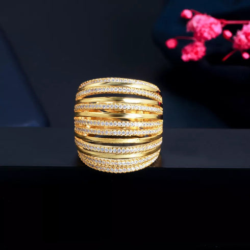 Gold Statement Party Ring (Adjustable Size) - Statement Jewellery - Cubic Zircon - Box Packaging